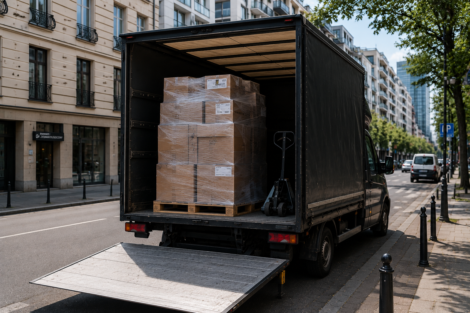 Bus z windą hydrauliczną i paleciakiem — Złota Łapa Transport Warszawa